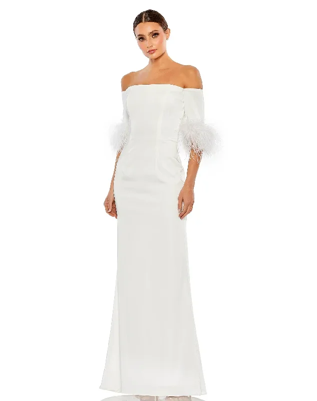 Feather Trim Off The Shoulder Column Gown - FINAL SALE