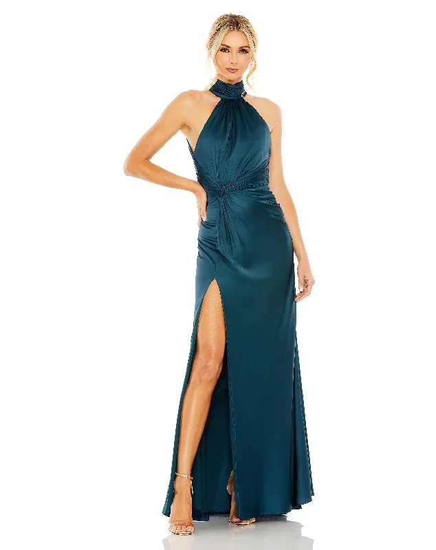 Open Back High Neck Side Ruched Gown