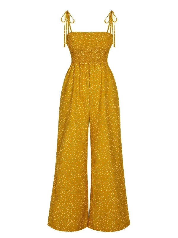 1970s Polka Dots Spaghetti Strap Bind Jumpsuit