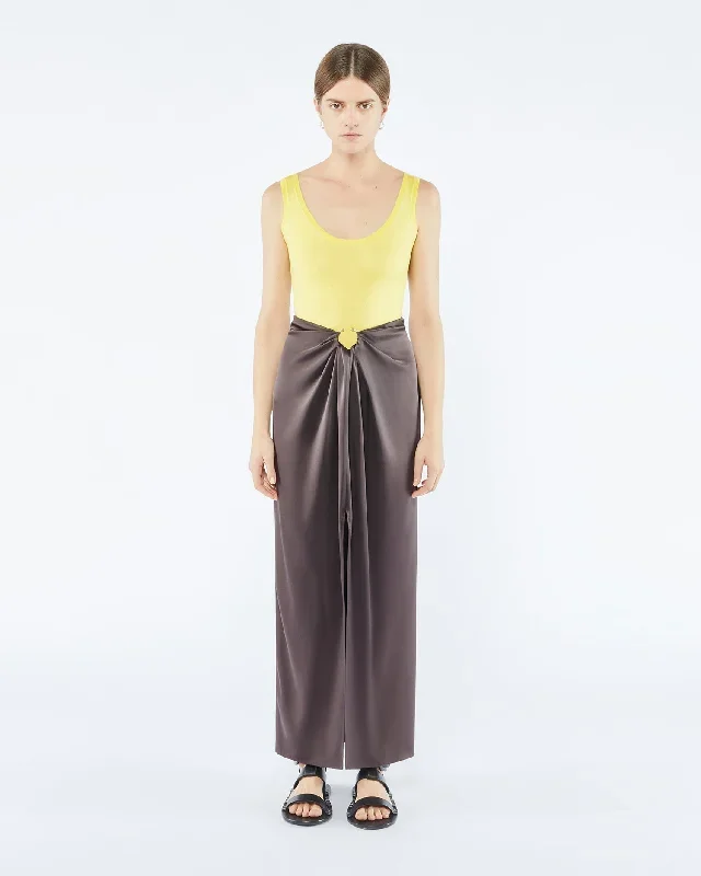 Emiko - Sale Slip Satin Sarong-Style Midi Skirt - Coffee Bean