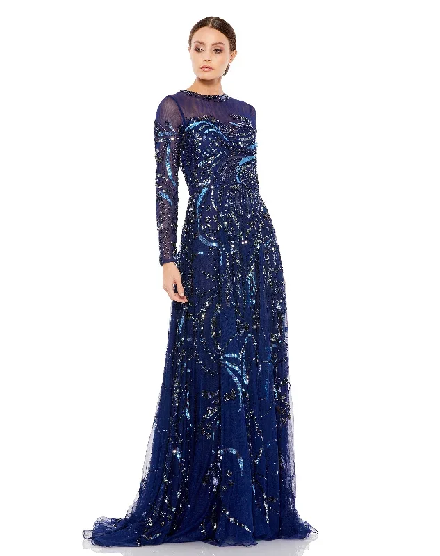 Long Sleeve Embellished Illusion Evening Gown