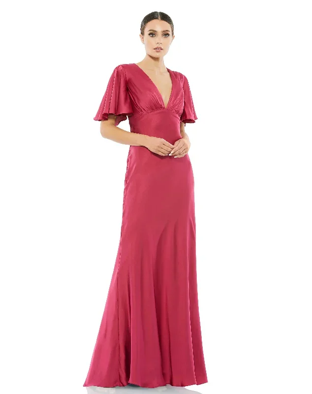 Flounce Sleeve V-Neck Trumpet Gown