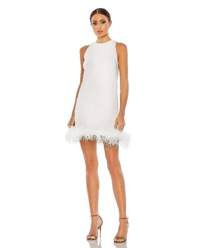 Feathered Hem High Neck Sleeveless A Line Dress