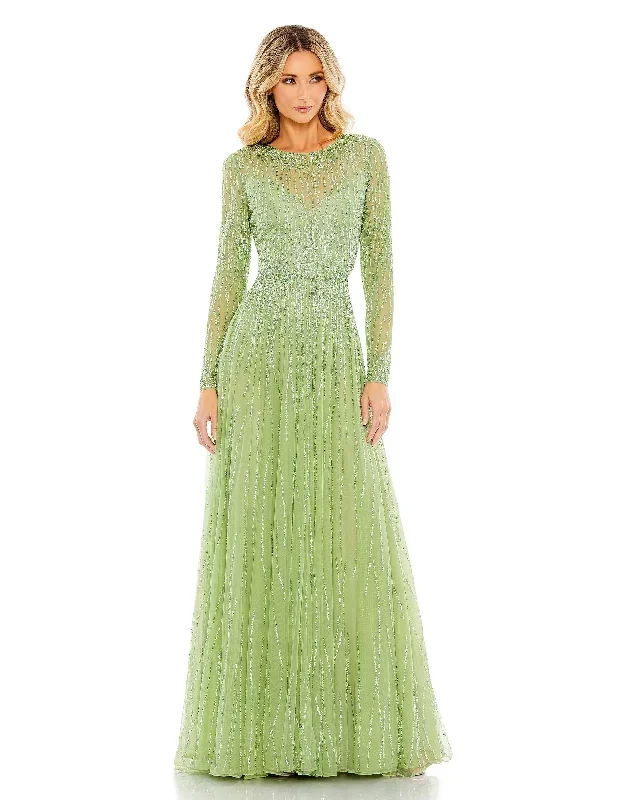 Sequined Illusion High Neck Long Sleeve Gown