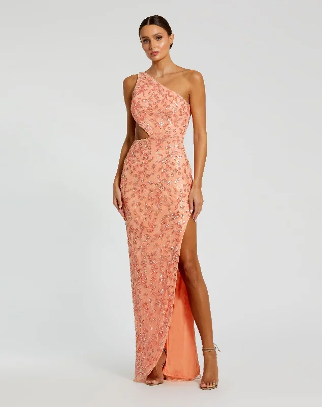 One Shoulder Embellished Gown With Slit