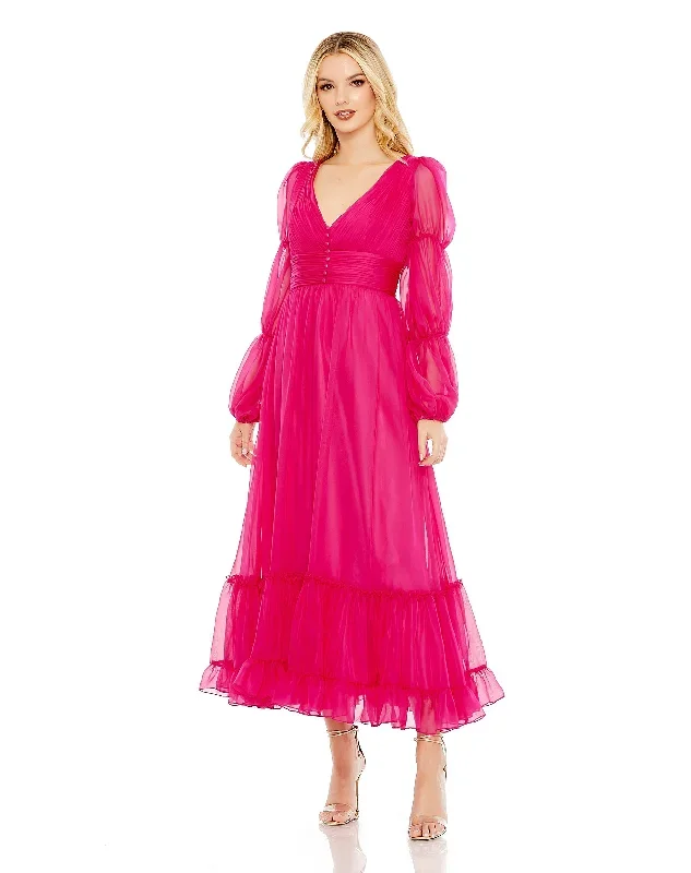 Chiffon Ruched Tiered Puff Sleeve A Line Dress