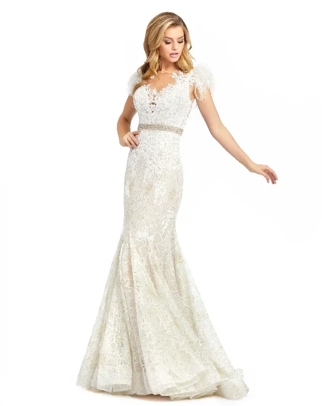 Embellished Feather Cap Sleeve Illusion Neck Trumpet Gown