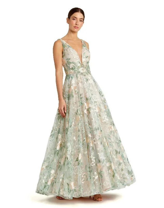 Floral Embroidered Illusion V-Neck Gown