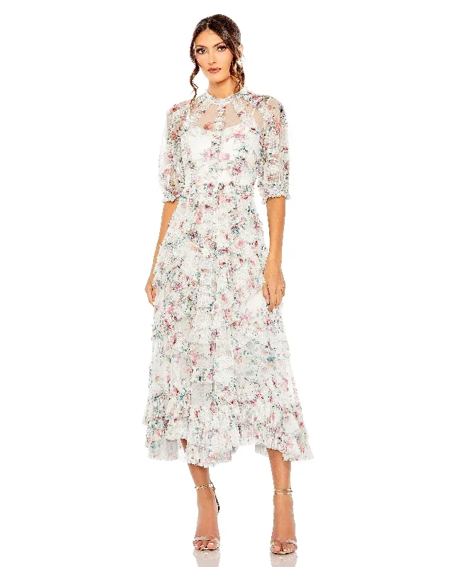 Mesh Puff Sleeve Floral Print Dress