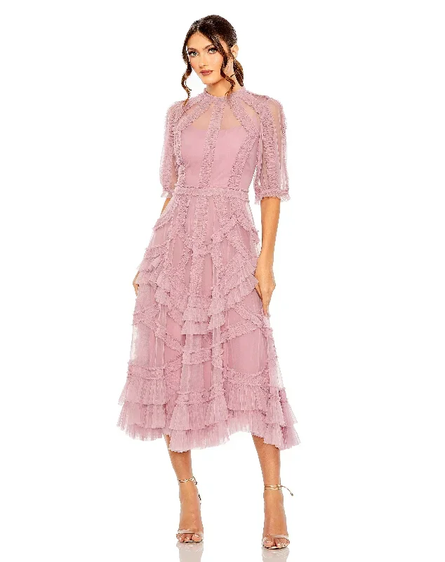 High Neck Puff Sleeve Ruffle Tiered Dress