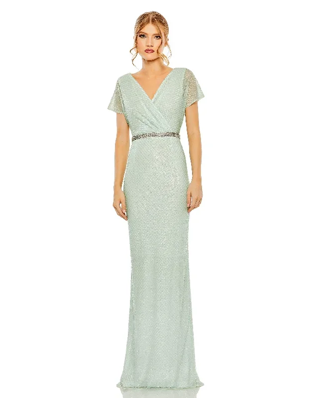 Short Sleeve Beaded V-Neck Gown