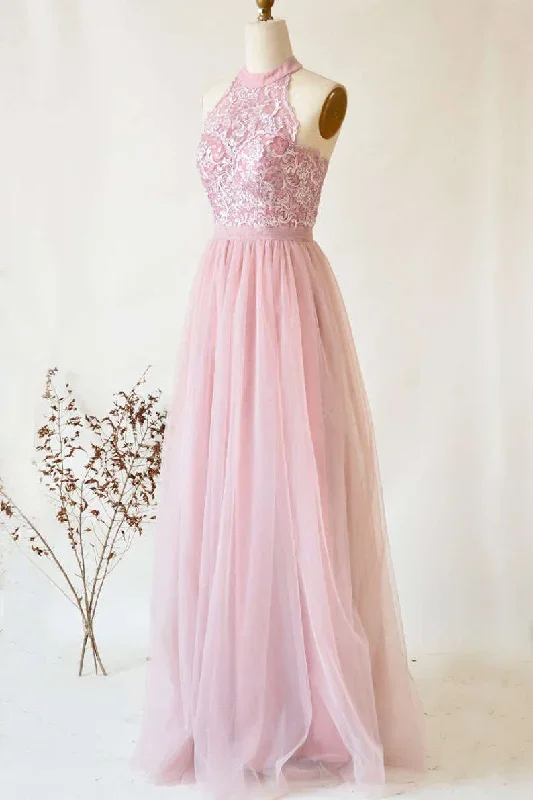 a-line-halter-pink-lace-long-bridesmaid-dress