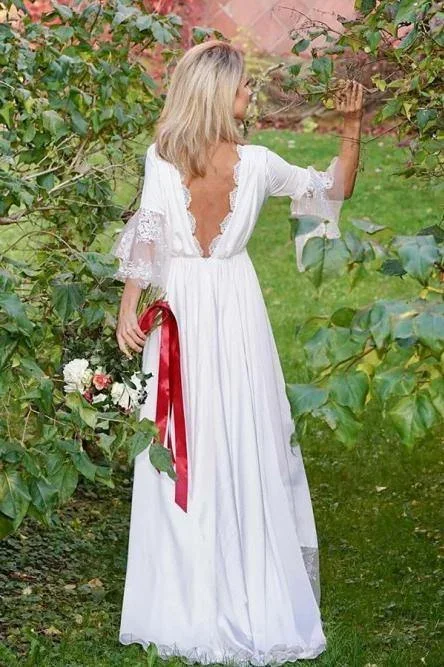 a-line-v-neck-v-back-3-4-sleeves-satin-boho-wedding-dress-with-lace