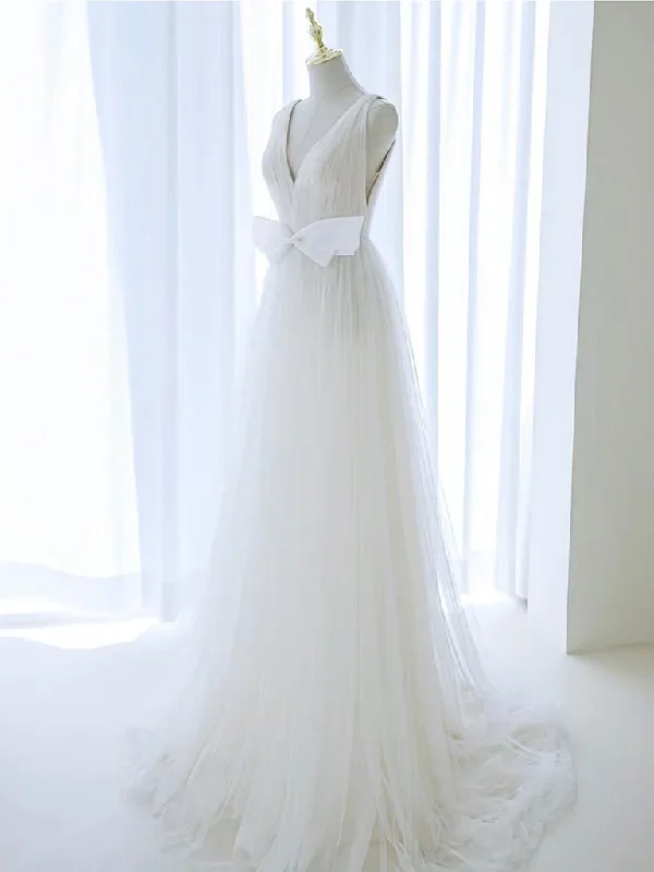 a-line-v-neck-white-tulle-long-wedding-dress-wihe-bow