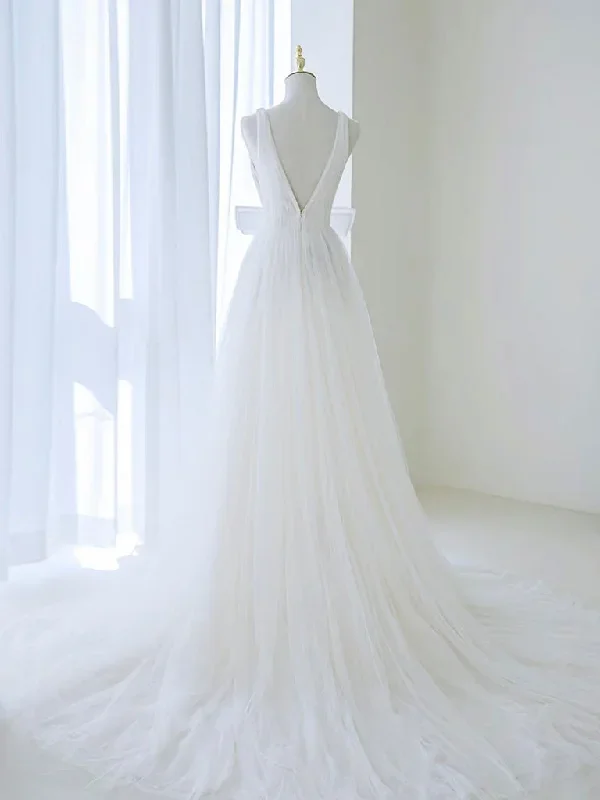 a-line-v-neck-white-tulle-long-wedding-dress-wihe-bow