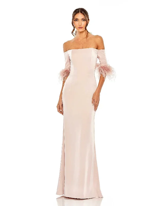 Feather Trim Off The Shoulder Column Gown