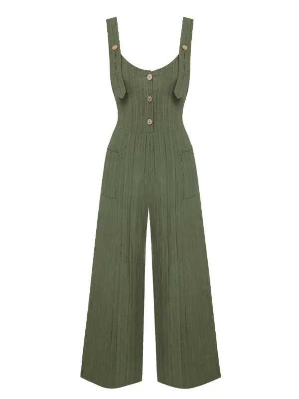 Army Green 1930s Loose Pleated Jumpsuit