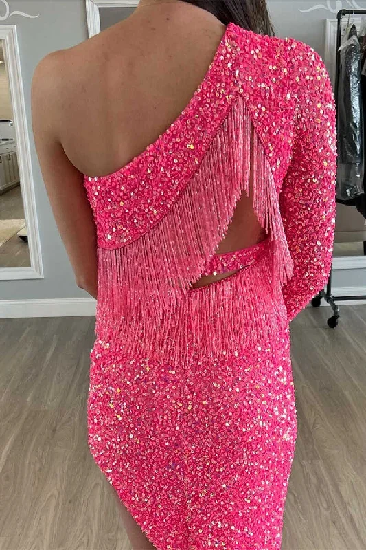 asymmetrical-hot-pink-one-sleeve-tassel-homecoming-dress