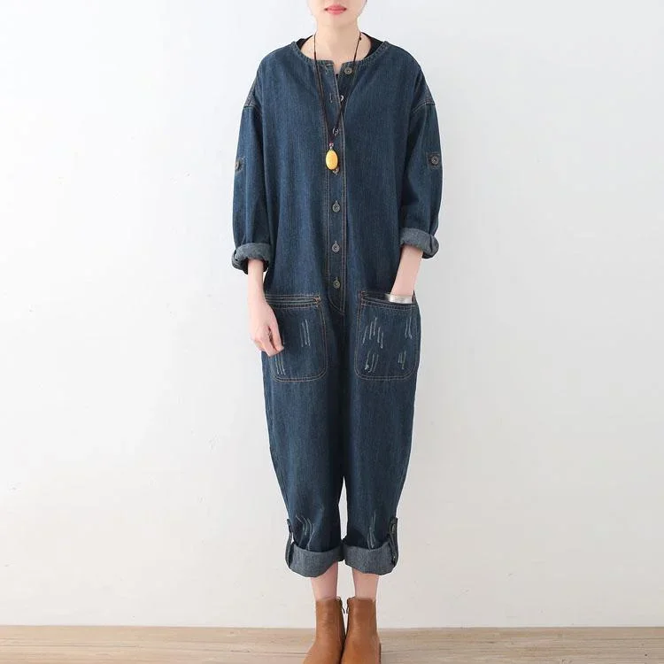 autumn blue casual cotton oversize high waist o neck jumpsuit pants