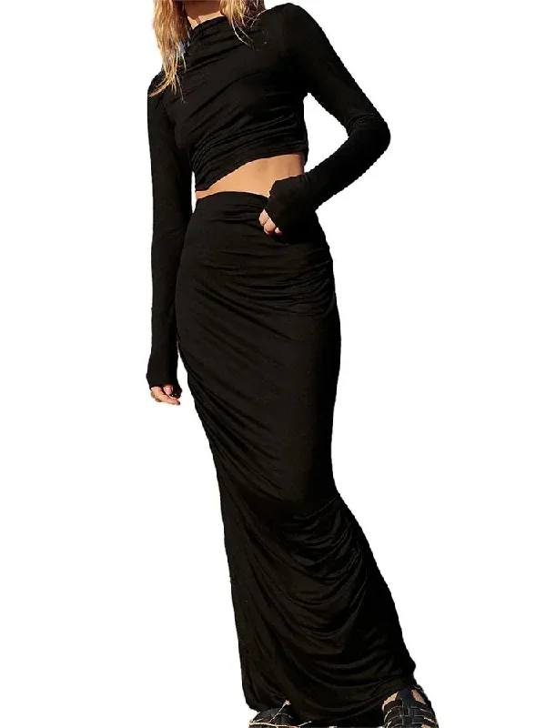 backless-long-sleeves-ruched-t-shirts-high-waist-split-long-skirts-suits