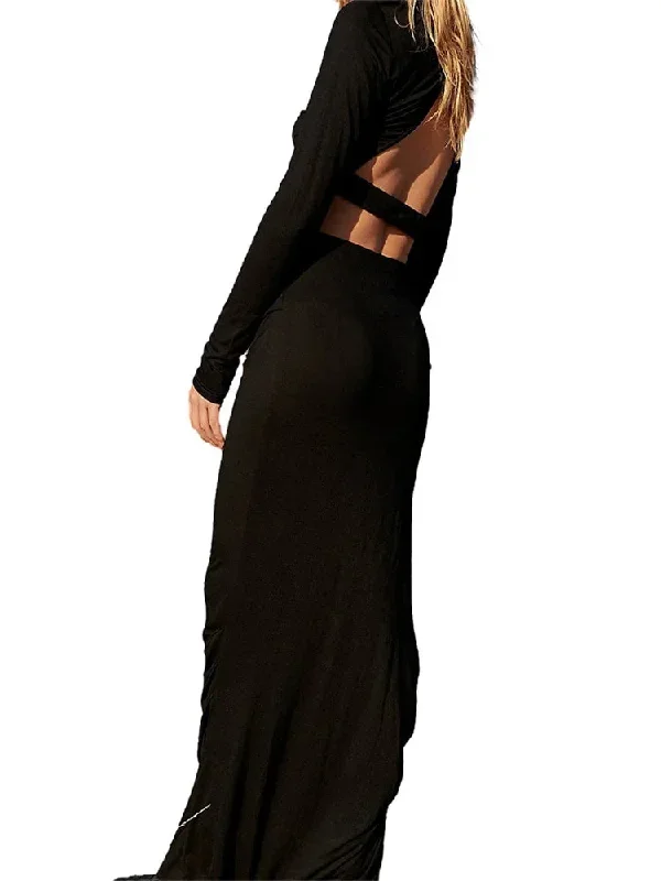 backless-long-sleeves-ruched-t-shirts-high-waist-split-long-skirts-suits