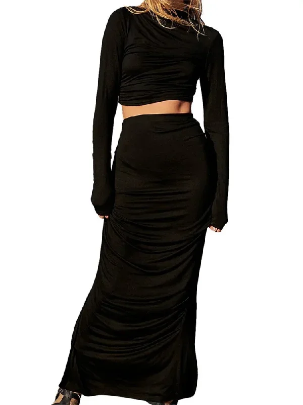 backless-long-sleeves-ruched-t-shirts-high-waist-split-long-skirts-suits