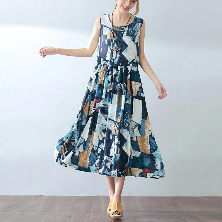 baggy blue cotton dresses oversized prints traveling dress casual sleeveless maxi dress