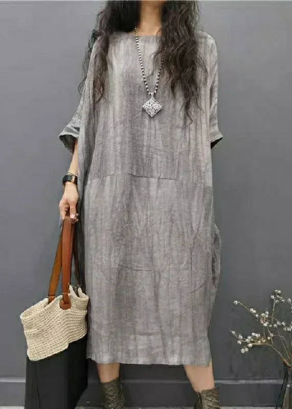 beautiful-grey-o-neck-wrinkled-side-open-linen-long-dress-batwing-sleeve