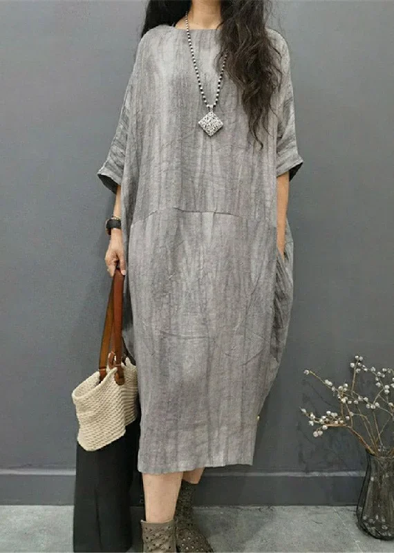 beautiful-grey-o-neck-wrinkled-side-open-linen-long-dress-batwing-sleeve