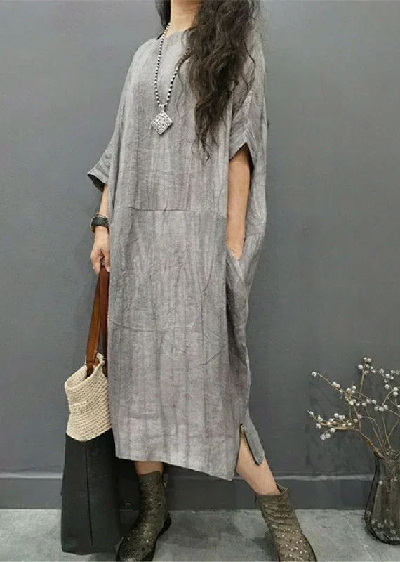 beautiful-grey-o-neck-wrinkled-side-open-linen-long-dress-batwing-sleeve