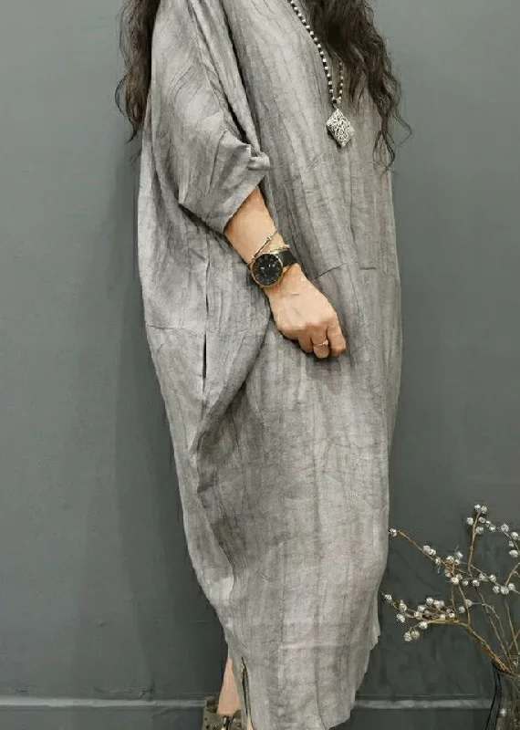 beautiful-grey-o-neck-wrinkled-side-open-linen-long-dress-batwing-sleeve