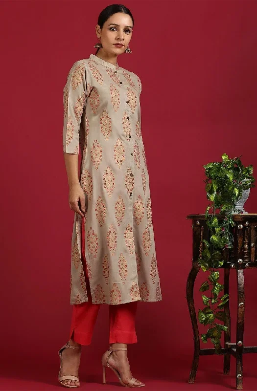 Beige Rayon Floral Print Straight Kurta