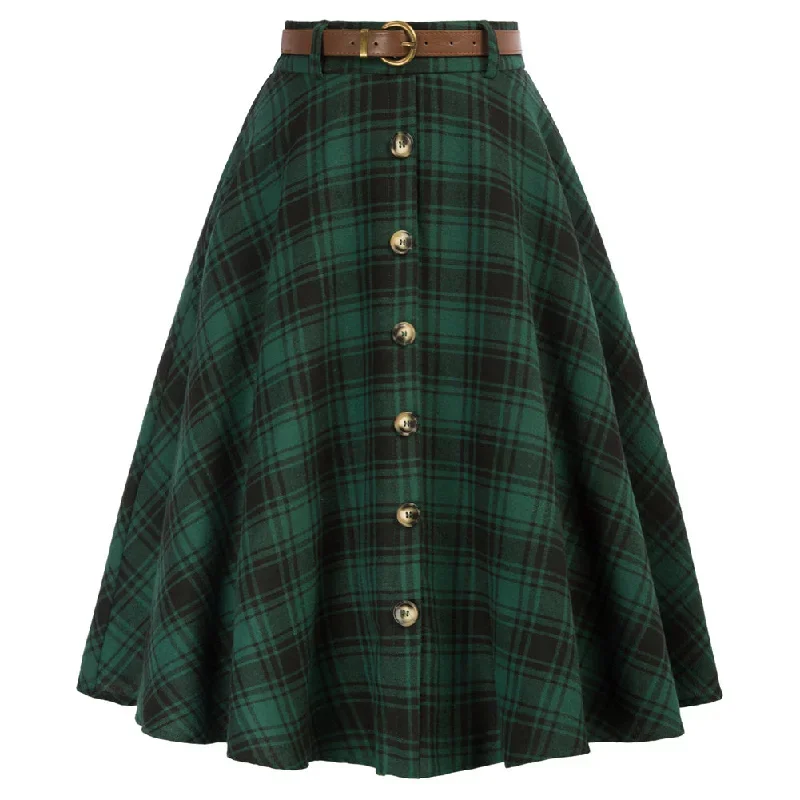 Swing Plaid Skirt with Belt Elastic High Waist Buttons Decorated Skirt