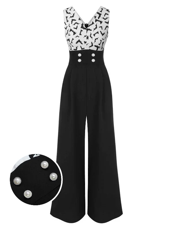 Black 1930s Halloween Bat Patchwork Jumpsuit