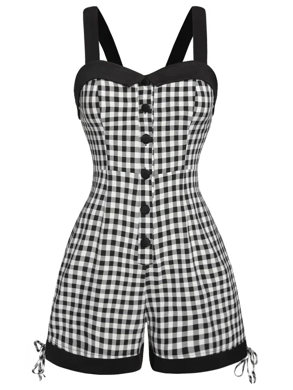 [Pre-Sale] Black 1950s Plaid Botton Wide-Straps Romper