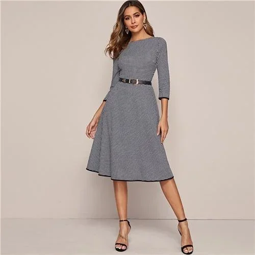 FashionSierra - Black And White Houndstooth Elegant Dress Without Belt Women Spring 3/4 Length Sleeve Ladies A Line Midi Dresses