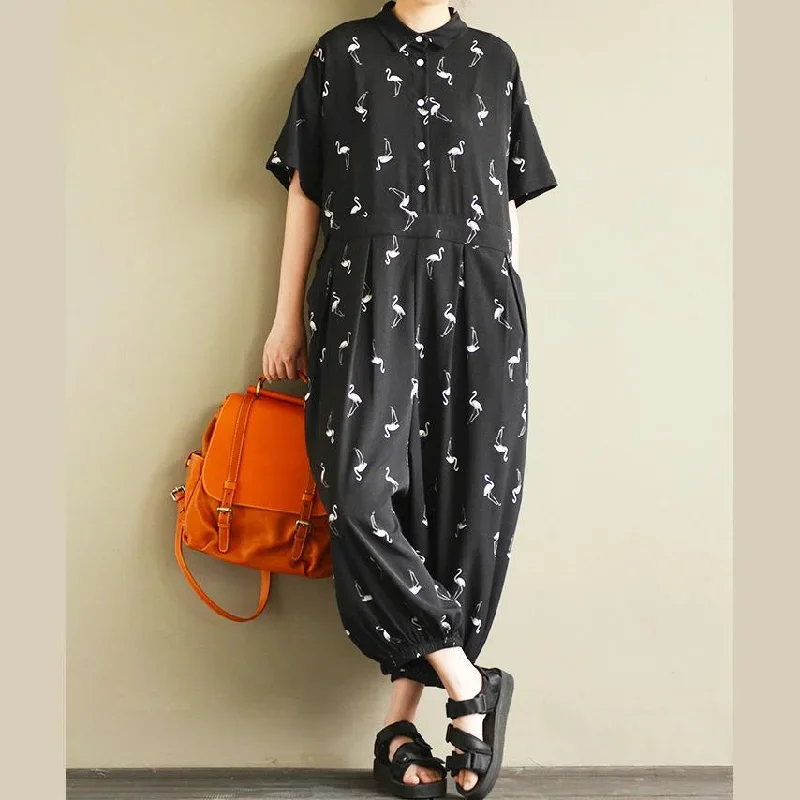 black original design bird print chiffon short sleeve casual jumpsuit crop pants