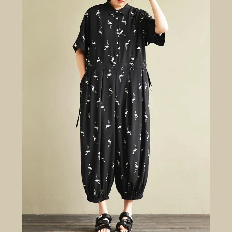 black-original-design-bird-print-chiffon-short-sleeve-casual-jumpsuit-crop-pants