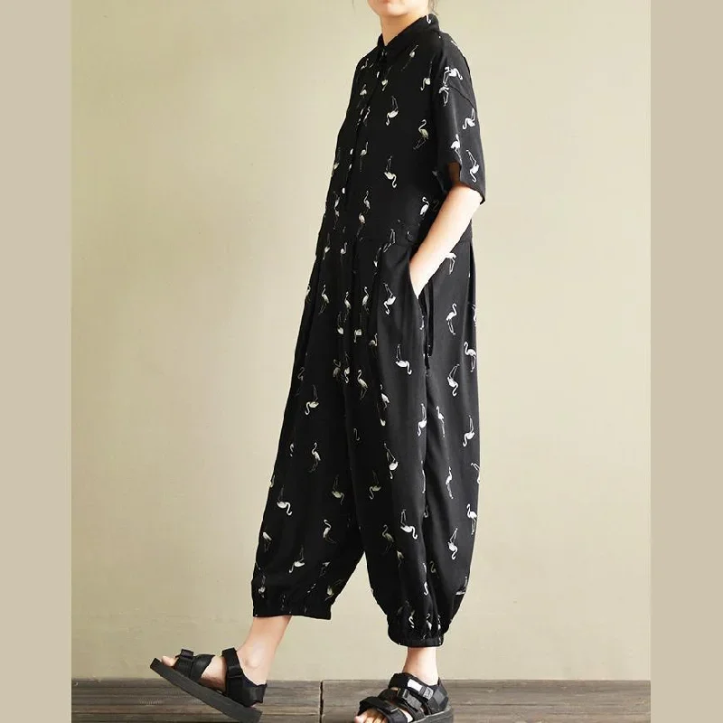 black-original-design-bird-print-chiffon-short-sleeve-casual-jumpsuit-crop-pants