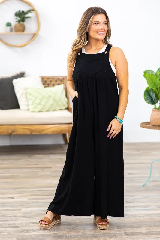 Black Wide Leg Overalls With Pockets