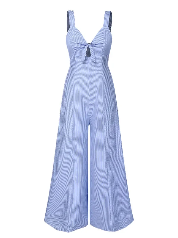 Blue 1930s Stripe Cutout Wide Strap Jumpsuit