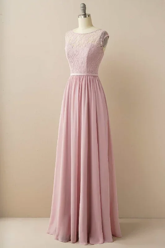 Blush Lace Sleeveless Backless Pleated Bridesmaid Dress