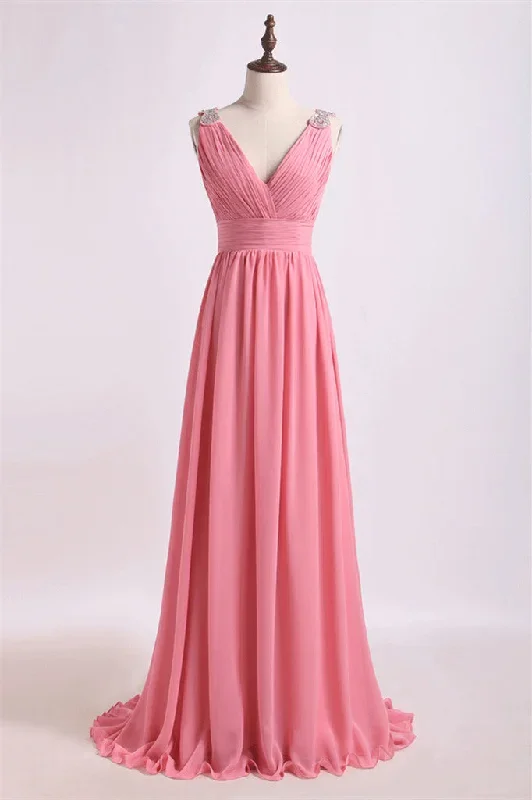 Blush Pink Beaded Shhoulder Chiffon Bridesmaid Dress