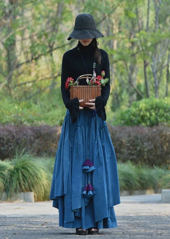 bohemian-blue-wrinkled-asymmetrical-lace-up-corduroy-skirt-spring