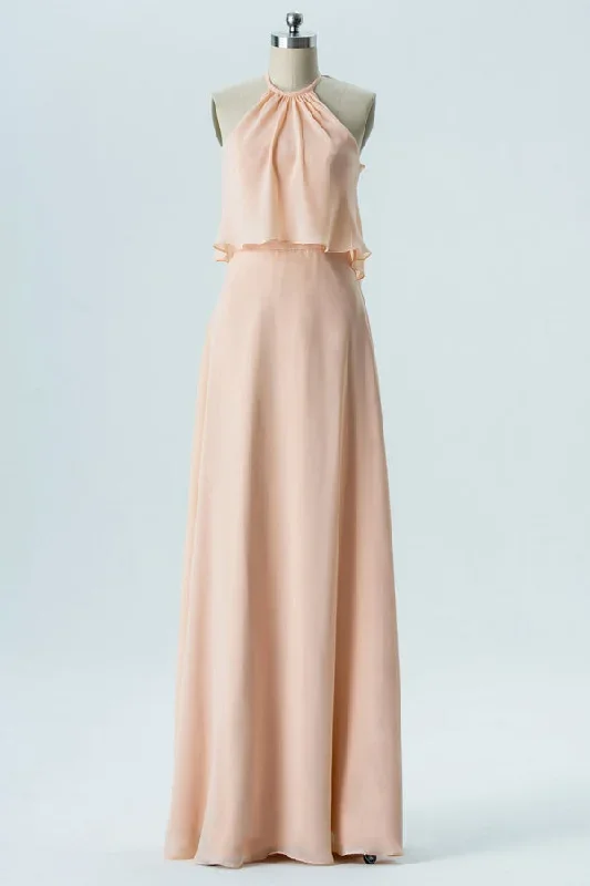 Boho Chiffon Peach Halter Long Birdesmaid Dress