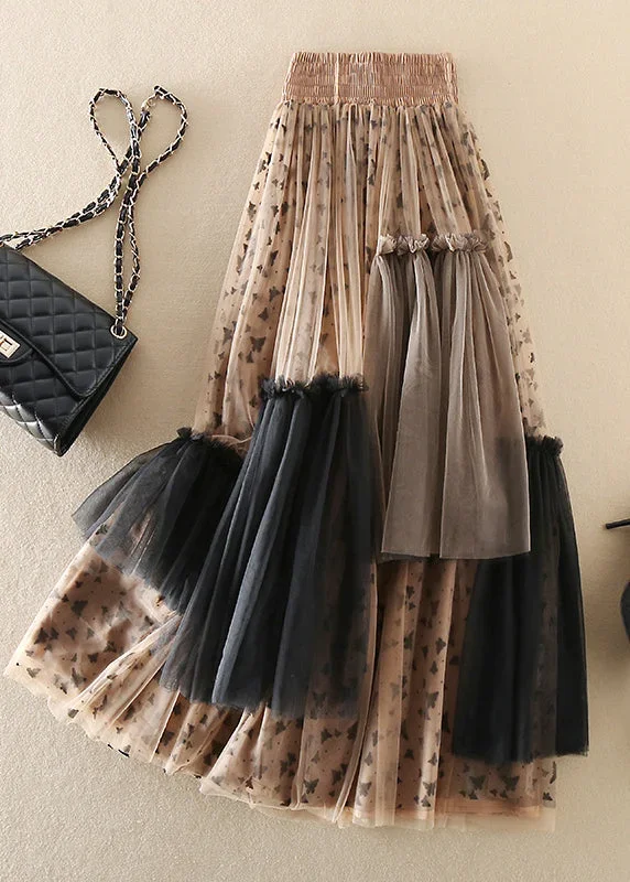 Boho Khaki Asymmetrical Print Tulle Skirts Spring