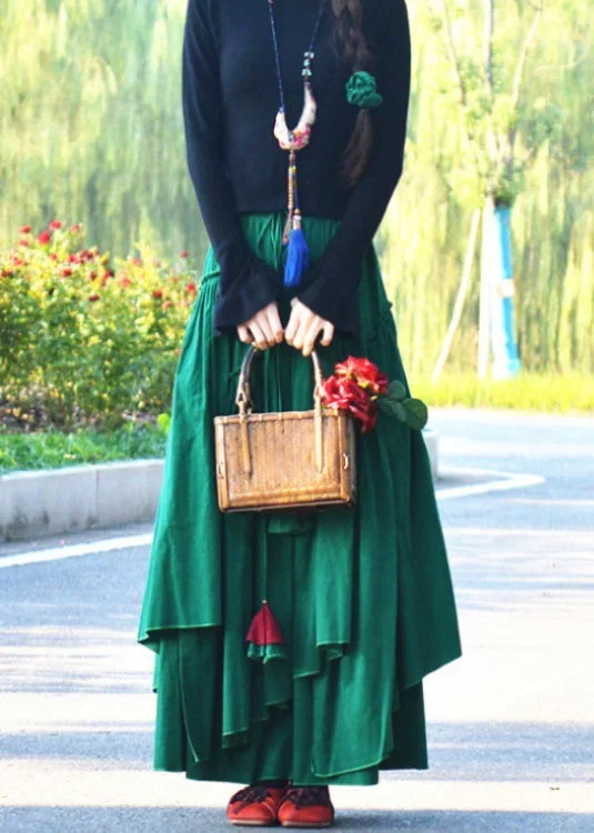 boho-plus-size-green-wrinkled-asymmetrical-corduroy-skirt-spring