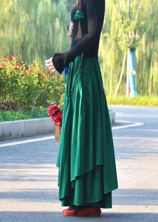 boho-plus-size-green-wrinkled-asymmetrical-corduroy-skirt-spring