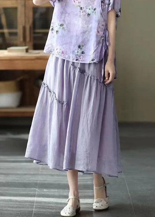 boho-purple-elastic-waist-asymmetrical-ruffled-pockets-linen-skirt-summer