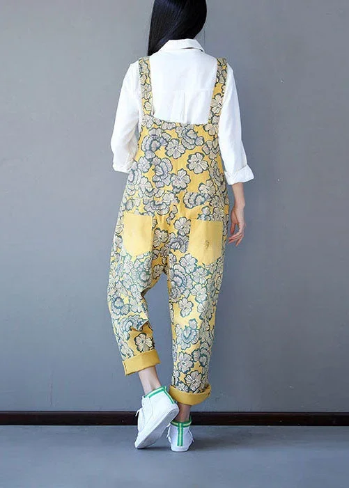 boho-yellow-patchwork-print-denim-jumpsuit-spring